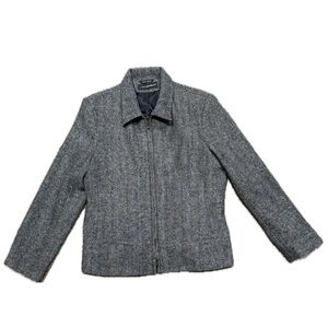 🧥💄 SANDRO Russia Vintage 90s Black White Wool Herringbone Zip Jacket | Sz 14